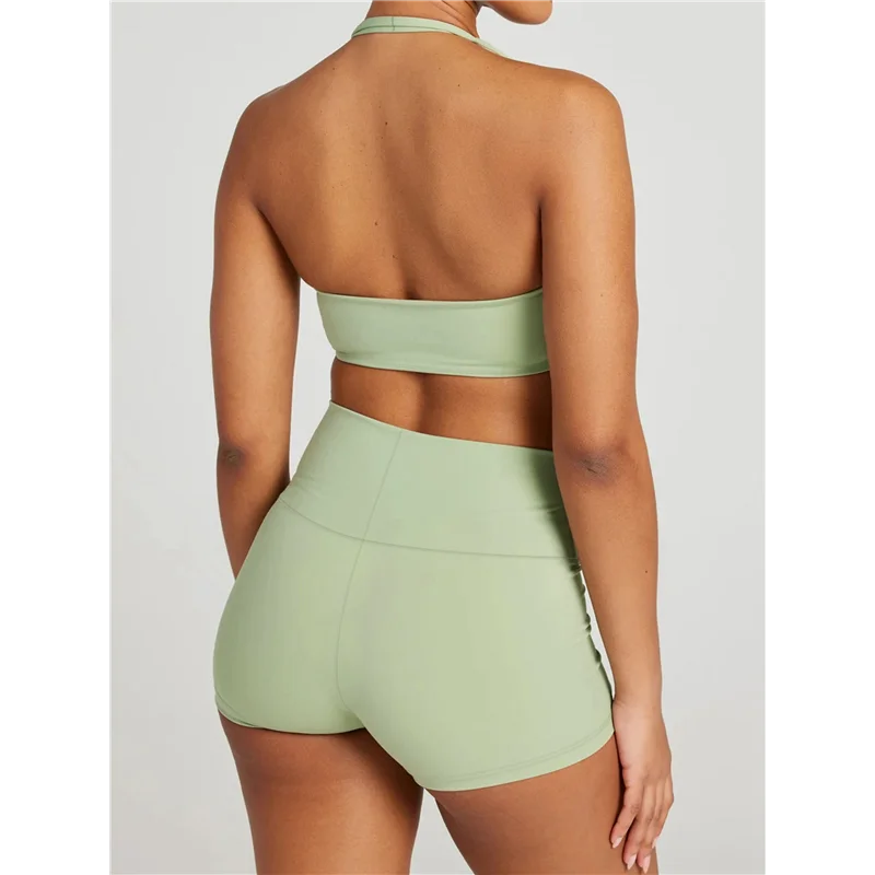 

【SEE】Наборы для тренировок для женщин, комплект из 2 предметов с морщинами, спортивные бюстгальтеры с лямкой на шее, байкерские шорты с высокой талией, спортивный костюм для йоги