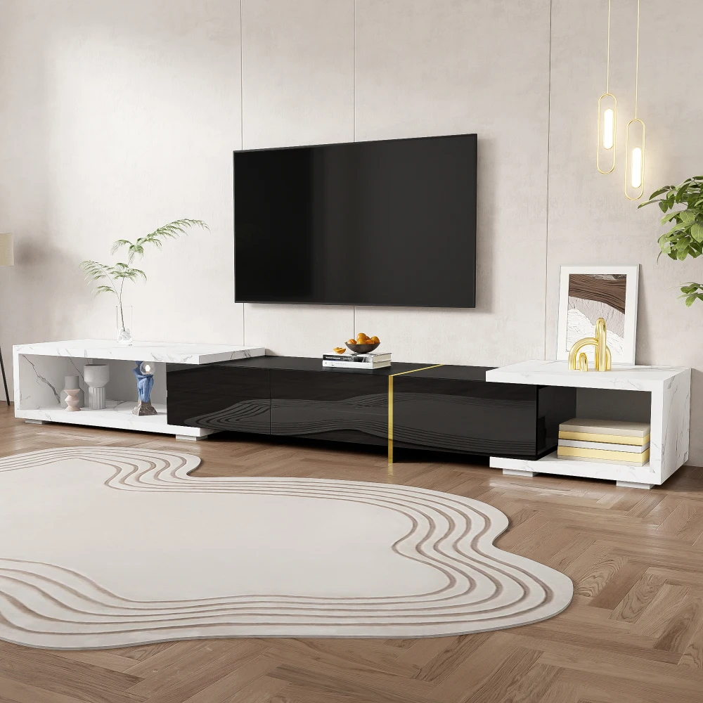 Moderner TV-Schrank mit variabler Länge (140–260 cm), drehbarer Funktion, weißes Hochglanz-Matt-Finish und goldenen Dekorationen – Detail 27