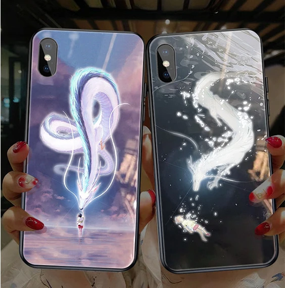 

Dragon LED Light Glowing Luminous Tempered Glass Back Phone Case for iPhone 15 11 12 13 14 X Xs Xr Mini Pro Max Plus Cover