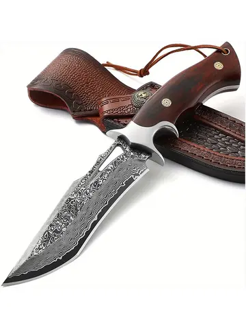 A Large Damascus Handmade Forged Knife - Fixed Blade, Wooden Handle and Leather Sheath, Convenient to Carry, Quick Cutting