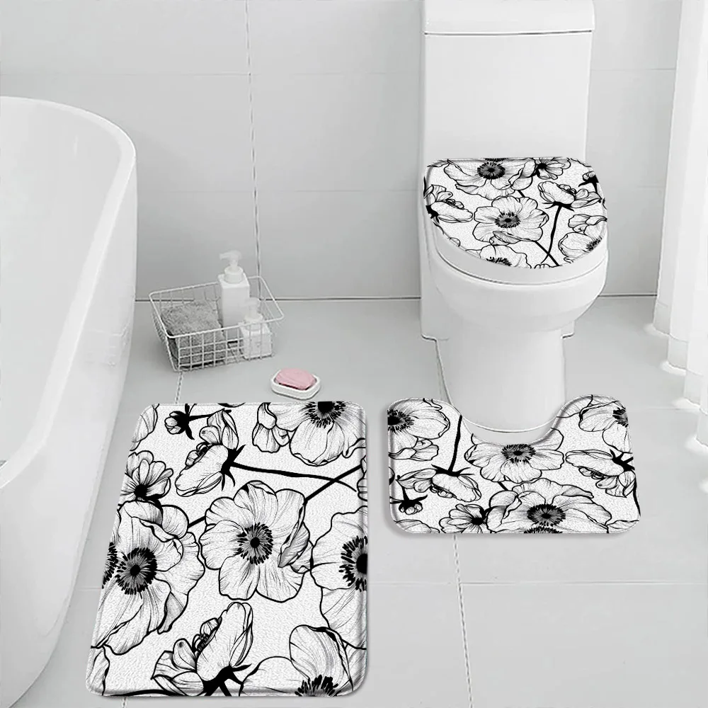 Simple Flowers Black White Bath Mat Set Floral Minimalist Bathroom Decor Abstract Modern Flannel Bathtub Rug Toilet Seat Cover