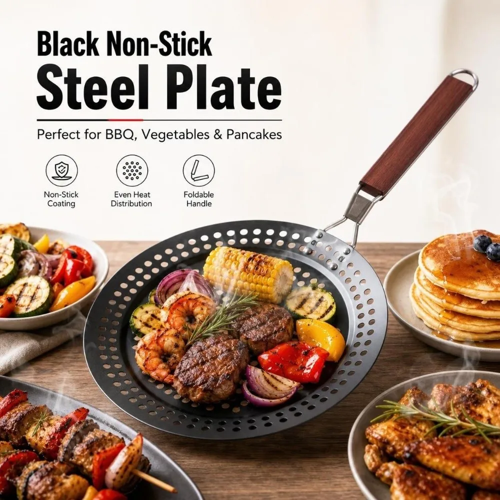 Folding Non Stick Grilling Skillet Wooden Handle Hollow BBQ Grilling Pan Heat Resistant Round Outdoor Grill Topper