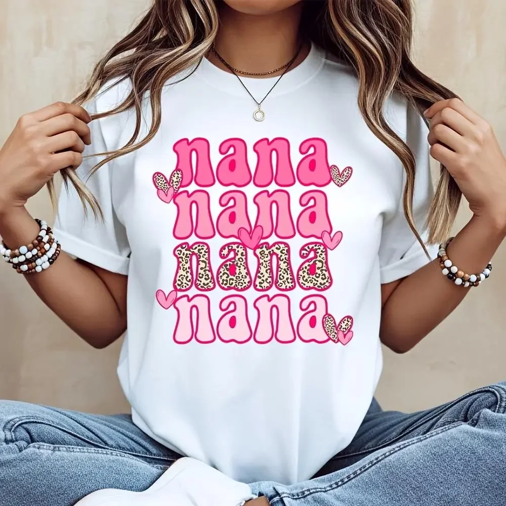 Pink Nana Text Leopard Print Heart Pattern, Neck Drop Shoulder T-Shirt, Mothers Day Grandma Gift, Casual Daily Wear
