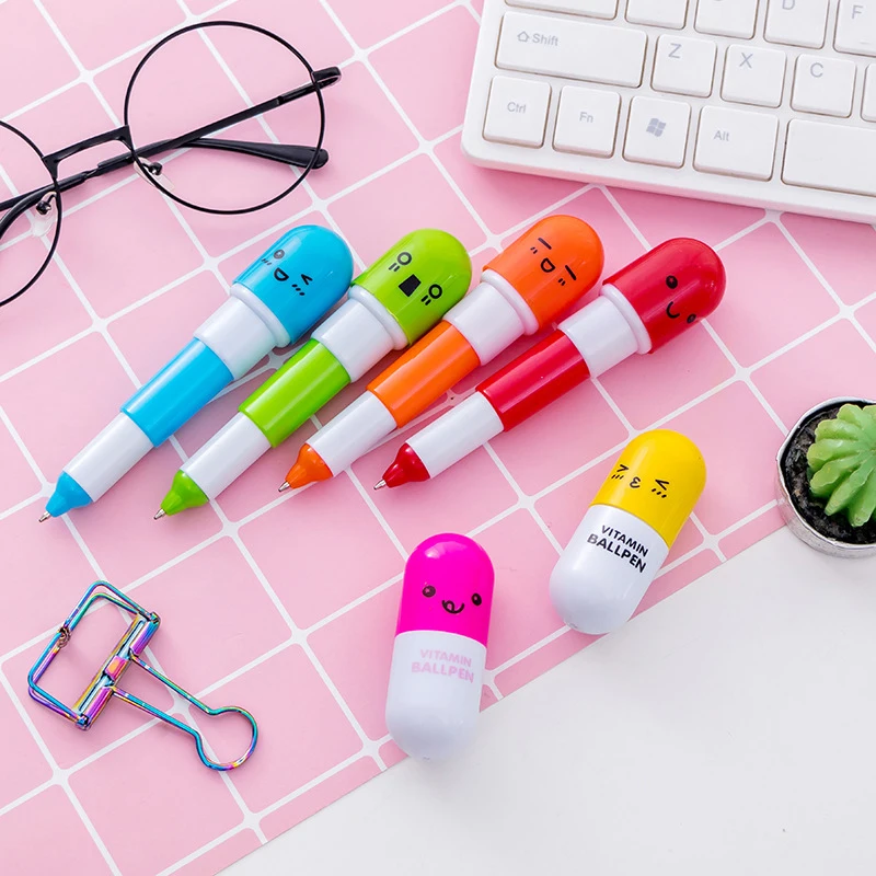 6pcs Cute Smiling Face Pill Ball Point Pen Novelty Stationery Telescopic Vitamin Capsule Ballpen For School Use