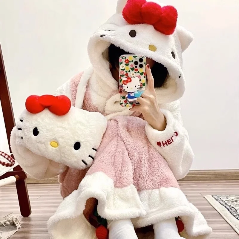 Miniso Hello Kitty Plush Fur Pajamas Robe Suit Anime Cartoon Homewear Winter Thickened Keep Warm Halloween Christmas Girl Gift