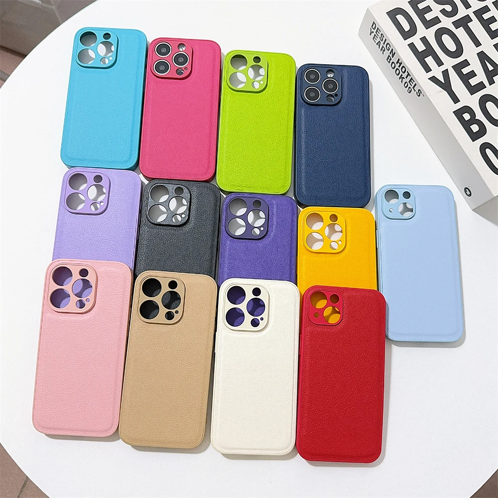 

simple Litchi grain PU leather Couple Case for iPhone 15 14 Phone Cover 15 13 12 11 Pro MAX Hard business Shockproof Back Funda