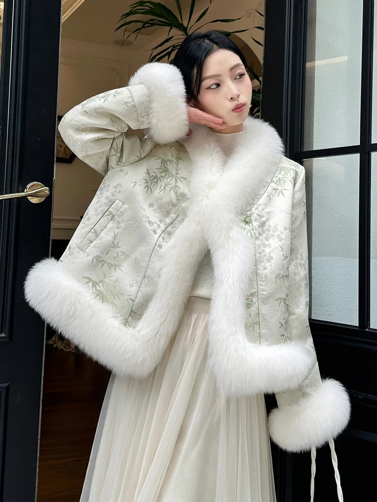 

Chinese Style Elegant Delicate Faux Fur Splicing Silk Smooth Fashionable Green Bamboo Elegant Fresh Soft Comfortable Outerwear