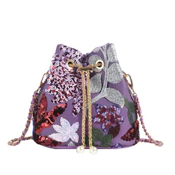 New Artistic Shoulder Bag Women Fashionable Sequins Crossbody Chain Bucket Bag Floral Handbag Handwoven Embroider Shoulder Bags
