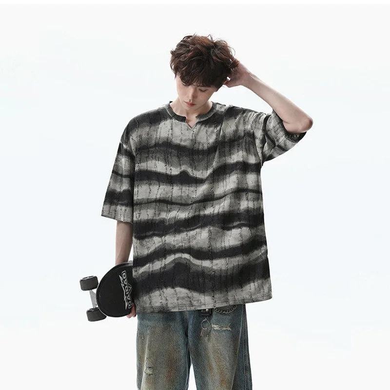 Striped V-neck Short-sleeved T-shirt Men Summer Cool Stylish High Street American Trend Loose