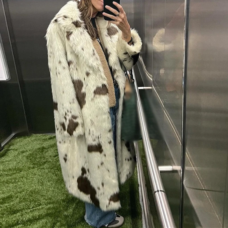 معاطف طويلة سترات من الفرو الصناعي طباعة المرأة فروي فضفاض ماكسي طباعة معطف سميك دافئ Y2k الشارع الشهير سترة ملابس خارجية الخريف الشتاء