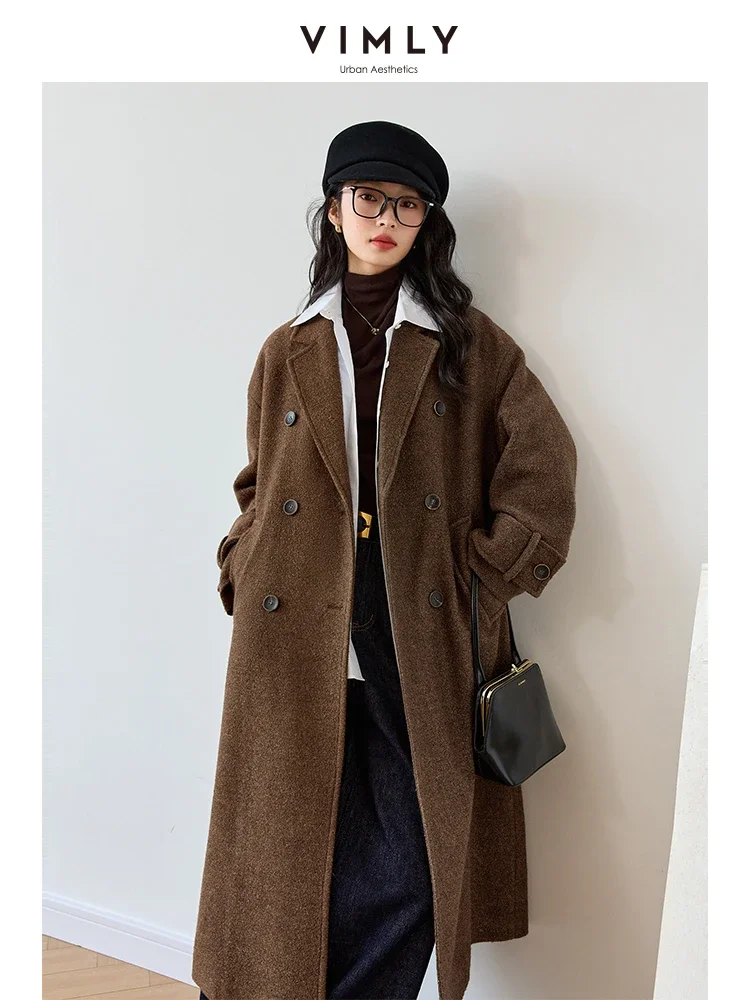 VIMLY Women's Simple Woolen Coats Winter Loose Casual Double Breasted Jacket Office Lady Outerwear Elegant Thick Long Overcoat