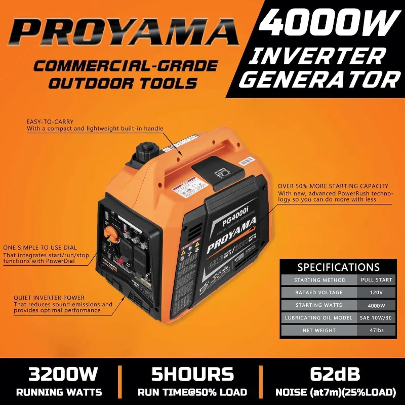 PROYAMA 4000W Portable Gas Inverter Generator, CO Sensor, Digital Interface, RV - Ready, LED Light, ECO - Mode, Parallel Capable