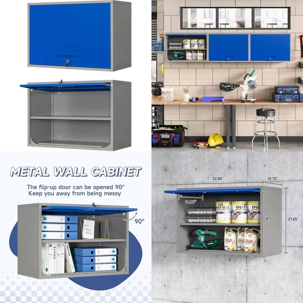 

Шкаф для хранения с откидной дверцей и полкой для гаража, склада или офиса (серо-синий)