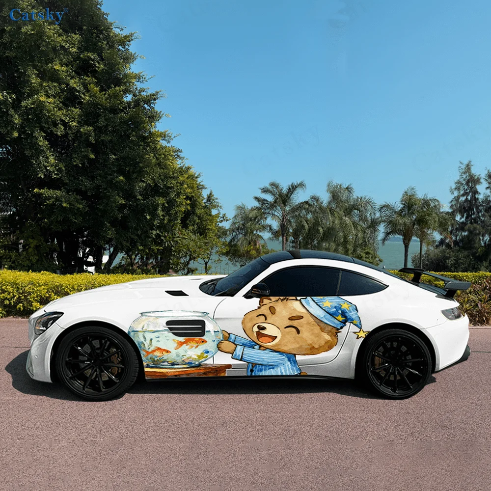 Cute pajama teddy bear creative pattern stickers for car body and door side, fashionable stickers, two pieces of decoration suit
