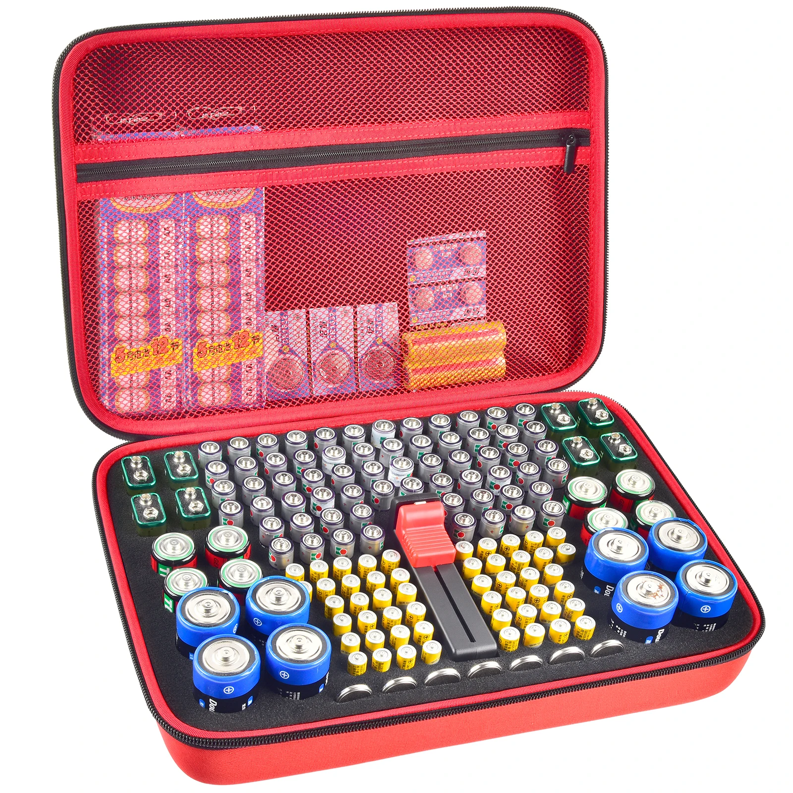 Batterij Organizer Case met Tester, geschikt voor 150+ AA AAA 9V C D Lithium knoopcelbatterijen, harde schaal voor thuis en garage.