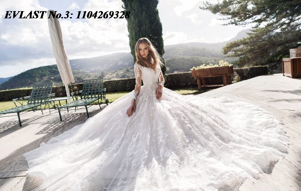 EVLAST personnalisé Vintage une ligne robe De mariée dentelle florale Applique chérie à manches longues robe De mariée robes De Novia E3WA01