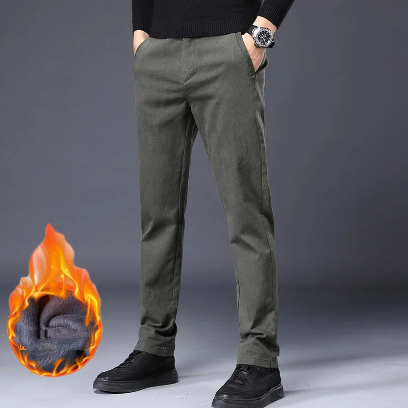 

2023 Winter Men's Fleece Casual Pants Thick Fashion Straight Slim Warm Casual Business Office Brand Korean Fashion Men Trousers