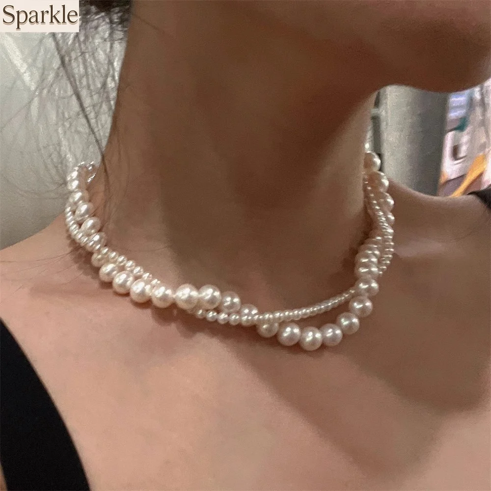 

French Vintage Double-Layer Pearl Choker Necklace for Women High-End Elegant Wrapped Clavicle Chain Versatile Neck Jewelry Gift