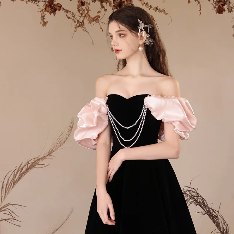 off-Shoulder French Velvet Toast Clothing 2024 New Engagement Wedding Tube Top Pearl Formal Dress Retro Temperament