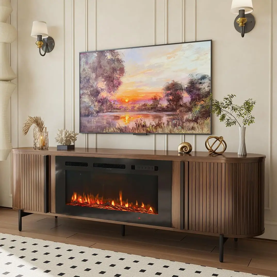Fluted TV Stand Fireplace 70 inch Brown Entertainment Center TV 80 inch Living Room Media Cabinet, Customized