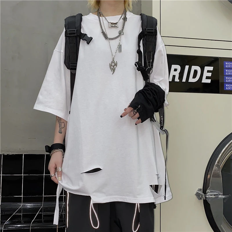 100% Cotton Summer Harajuku Ripped Hole Women T Shirt Hip Hop Fashion Oversized Cool Streetwear Man Top Tee Grunge Clothes White