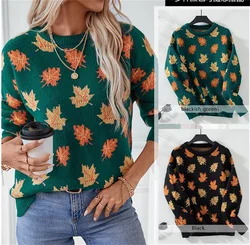 2024 Women Fashion Print Sweater Autumn Winter Maple Leaf Top Knitted Pullover Round Neck Casual Sweaters Female New In Outwear