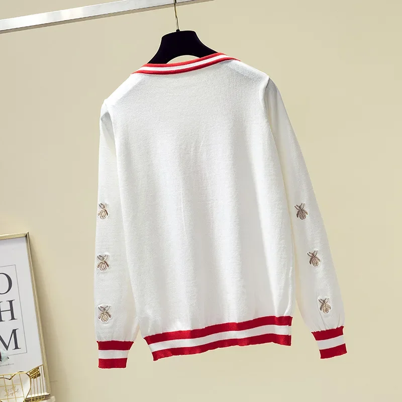 High Quality Fashion Designer Bee Embroidery Cardigan Long Sleeve Single Breasted Contrast Color Button Knitted Sweaters