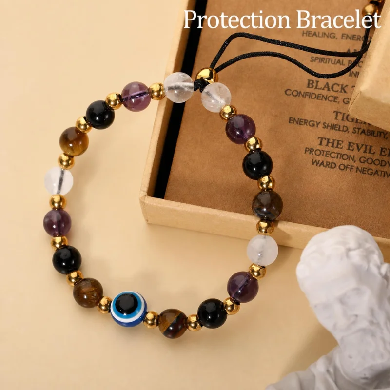 Lucky Evil Eye Natural Crystal Bracelet Amethyst Clear Quartz Black Tourmaline Evil & Tiger Eye Good Luck Spiritual Protection Jewelry Gifts for Women Men