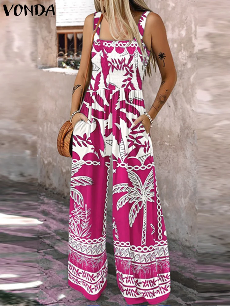 

VONDA Vintage Long Jumpsuits Women Summer Straps Pockets Floral Print Bohemian Rompers 2025 Casual Beach Overalls Loose Playsuit