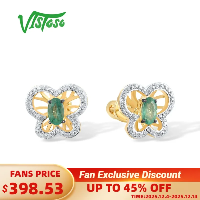

VISTOSO Gold Screw Stud Earrings For Women Genuine 14K 585 Yellow Gold Diamonds Green Emerald Elegant Fashion Cute Fine Jewelry