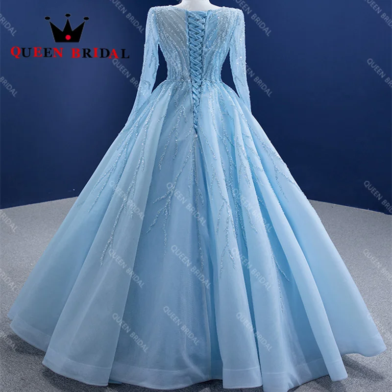 Tulle A Line Elegant Light Blue Evening Dress 2023 New O Neck Sequined Lace Formal Prom Gowns Robes De Soirée Custom ZX35