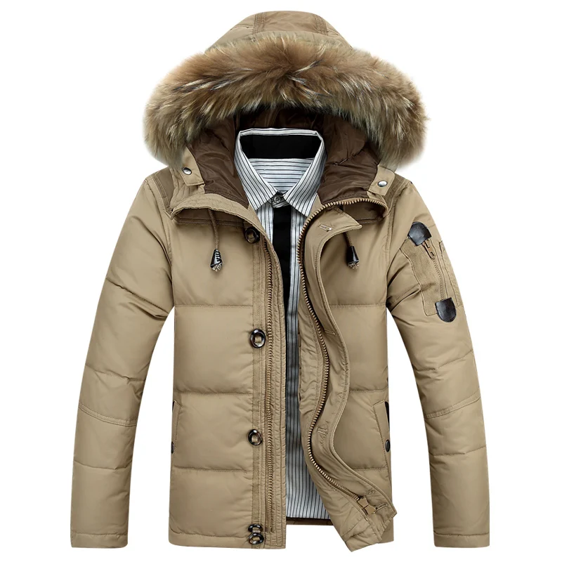 Abrigo grueso de plumón de pato para hombre, Parka de plumón de pato blanco 90% con capucha de piel, chaquetas de plumón de pato con cremallera de