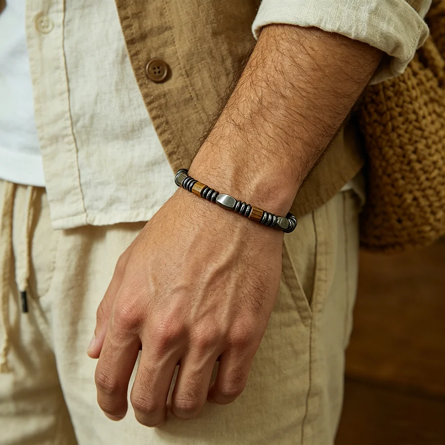 Bracelet Élégant en Perles de Bois et Hématite Naturelle pour Homme – Guérison, Méditation, Énergie – Bracelet Élastique Charmant pour Vacances – Accessoires Homme