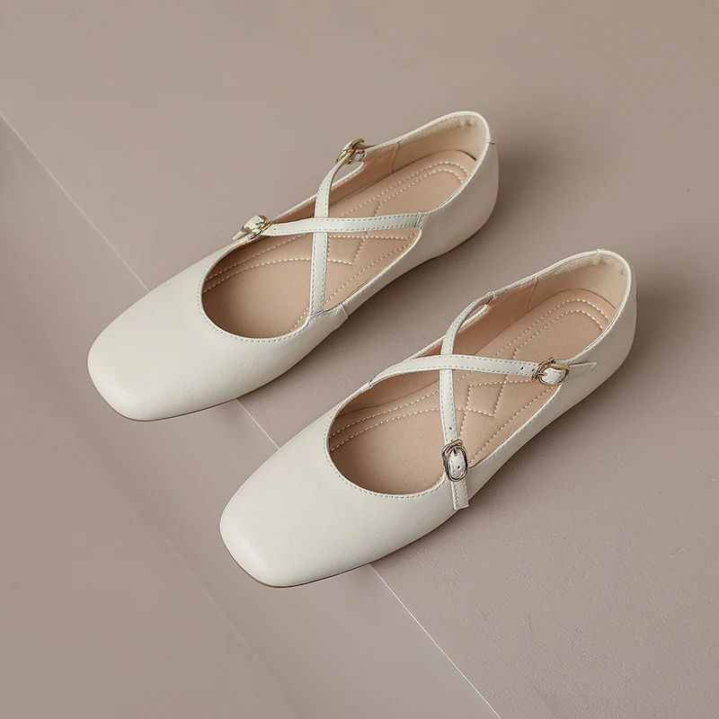 Split Leather Women Mary Janes Flats Autumn Spring Beige Silver Cross Strap Shoes Petite Feet Round Toe Buckle Flat Shoes 3048-9