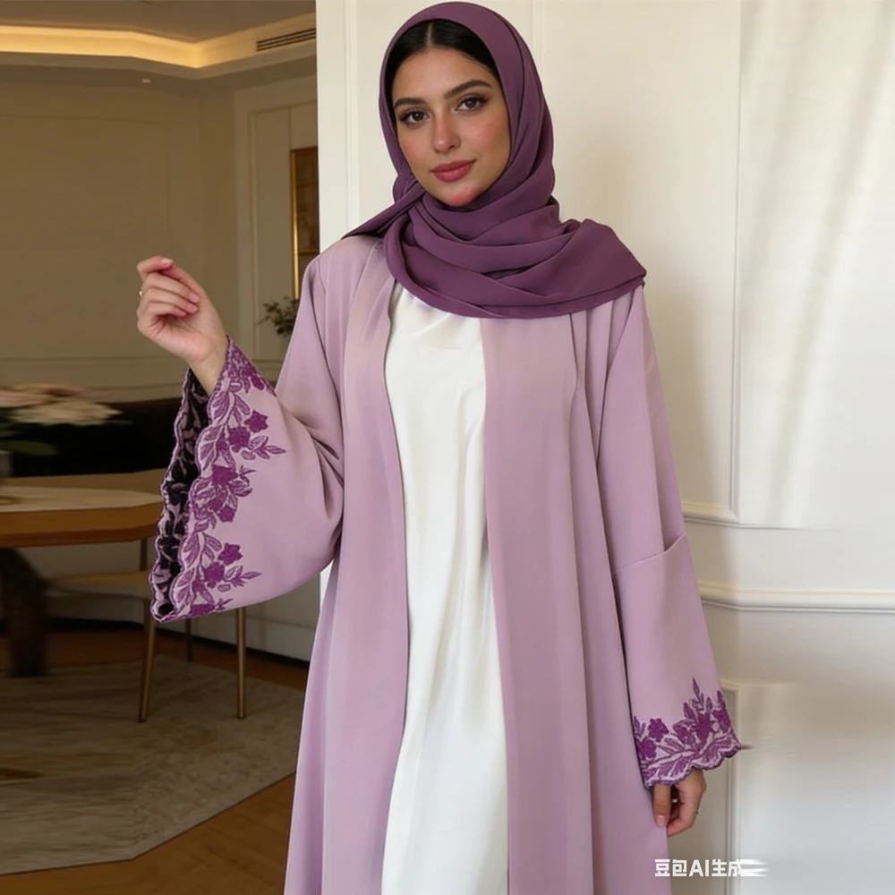 

Elegant Muslim Hijab Dress Set for Women Kimono Cardigan Embroidery Jalabiya Kebaya Dubai Abaya Turkey Kaftan Eid Ramadan Robe
