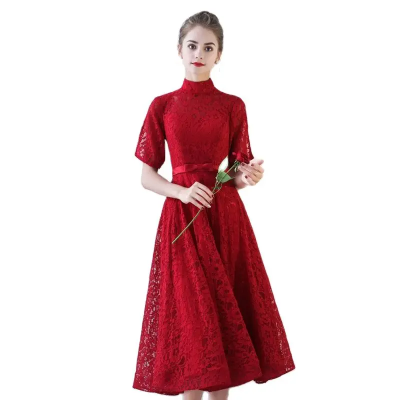 

N20148 Wine Red Black Tea-Length Lace Prom Dresses Elegant Women Banquet Wedding Party Robe Sweet Graduation Dress Vestido