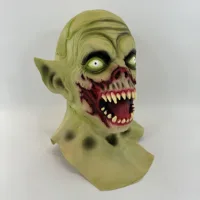 Scary green zombie Halloween mask with pointed ears, sharp teeth and horror face design