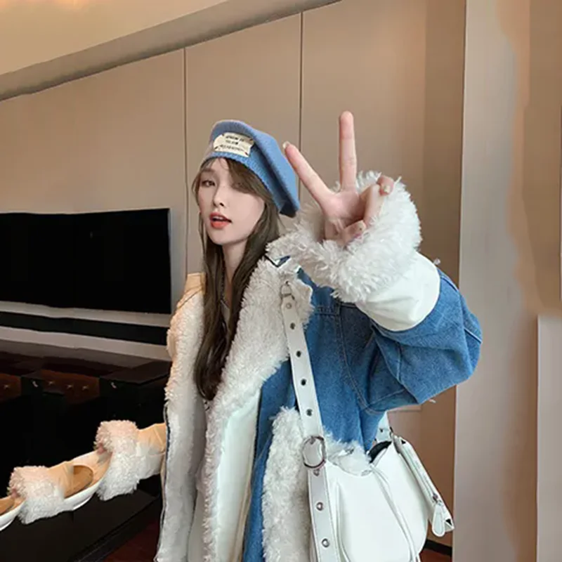 Bomber Jacket Wool Suede Stitching Lambs Coat Wool Locomotive Faux Rabbit Fur Hooded Long Batwing Sleeved Warm Parka Cardigan