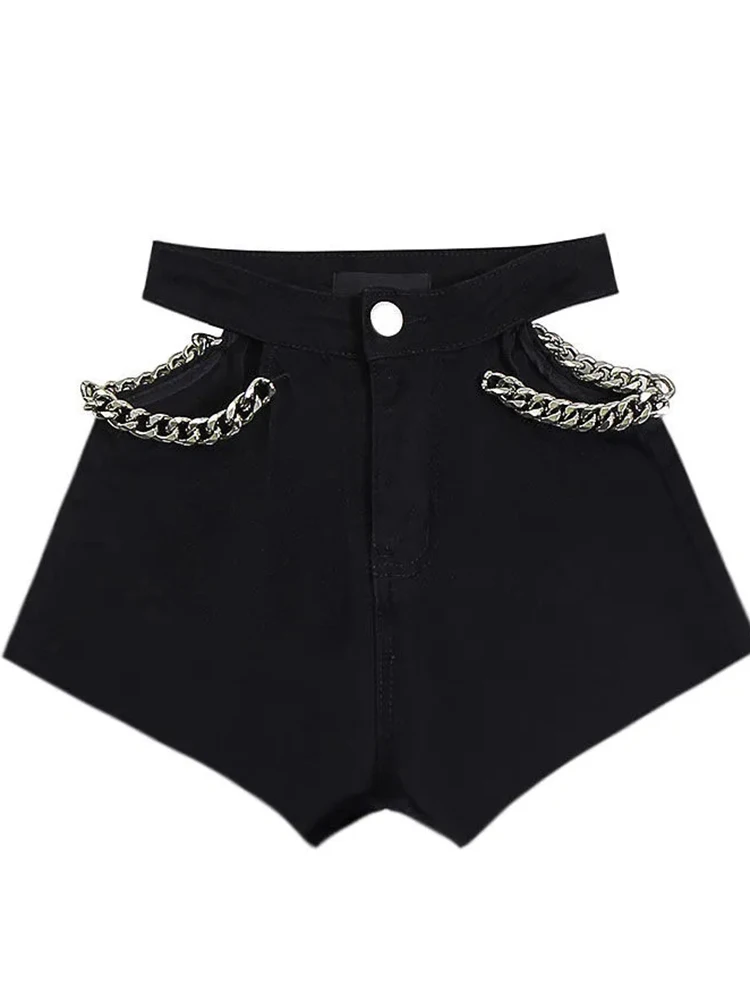 Zoki Sexy Hollow Out Denim Shorts Women High Waist Y2K Chain Shorts Streetwear Retro Slim Female Summer Black Jeans Shorts New