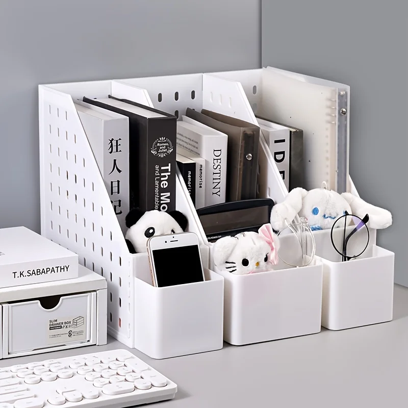 قطعة واحدة من منظم سطح المكتب الأبيض مع حامل أقلام ورف تخزين - منظم ملفات قائم قابل للطي مع مقصورات متعددة وكتاب