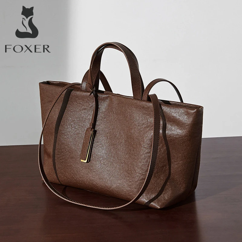 FOXER حقيبة يد نسائية فاخرة جلد البقر 2025 الشتاء خمر حقيبة كتف الإناث حقيبة يد ذات سعة كبيرة للتسوق التنقل