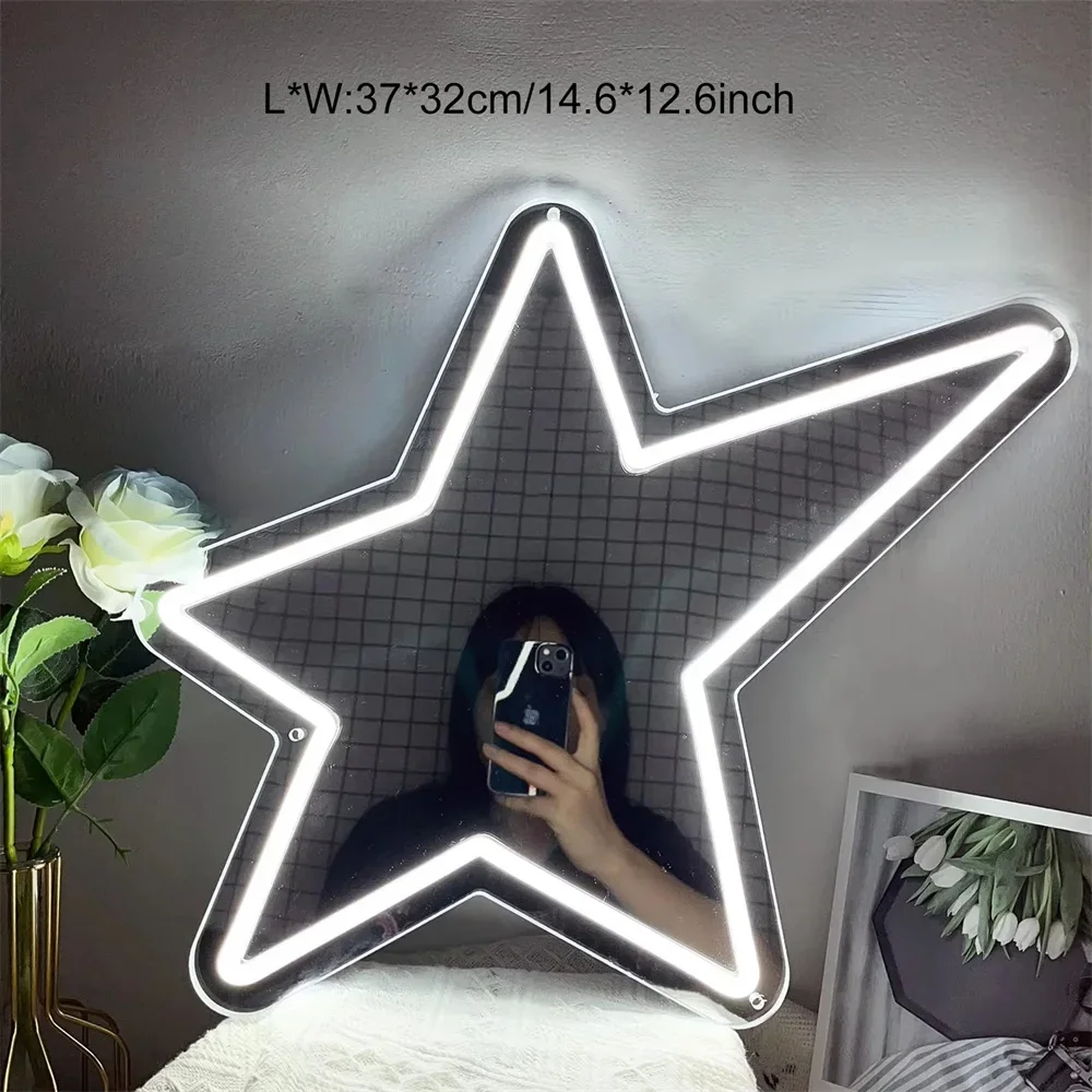 Star Mirror Neon Sign for Home Bedroom Girls Party Kids Shop Decor Night Light  Wall Decor USB LED Mirror Neon Light Sign