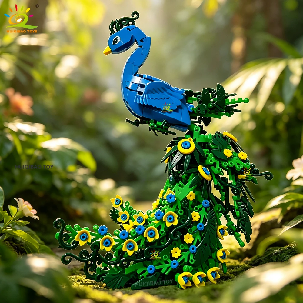 HUIQIBAO MOC Pfau Tier Modell Baustein Vogel Ziegel Montage Bau Spielzeug Für Kinder Kid DIY Hause Schreibtisch Dekoration