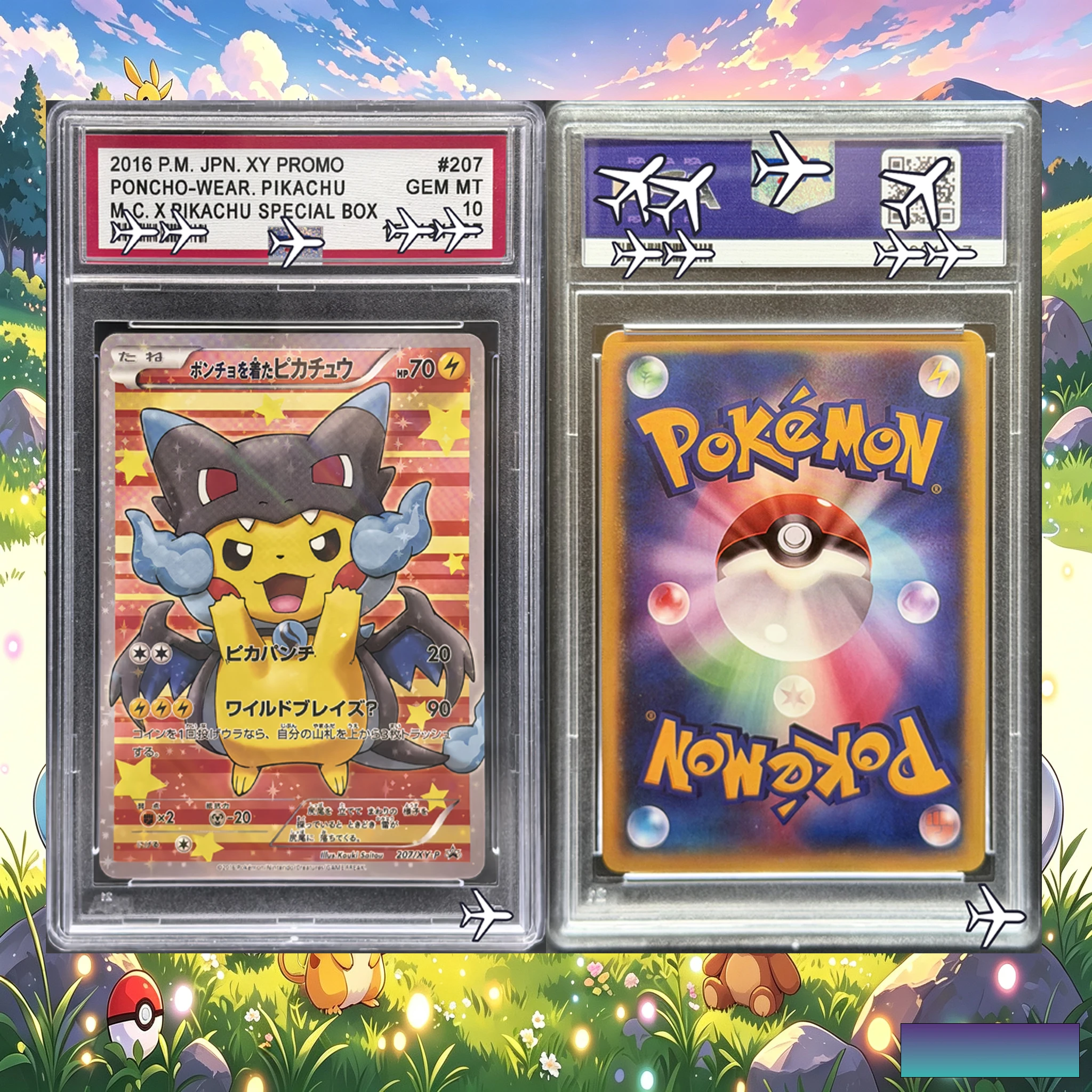 PTCG 2016 Poncho-wearing Pikachu M Charizard X 207/XY-P Holo Custom Art Card - Pokemon Japanese XY Promo Replica Collection