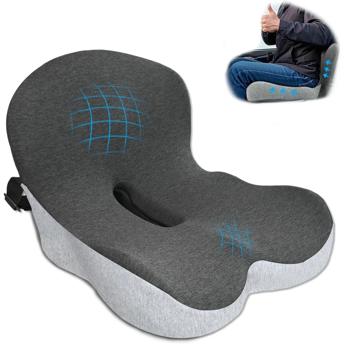 

Memory Foam Seat Cushion with Lumbar Support for Back Pain Relief, Car and Office Chair Cushion with Adjustable Strap