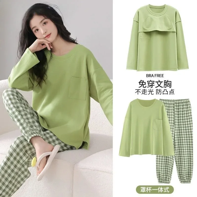 With Chest Cushion Women's Pajamas Set Cotton Long-sleeved Spring and Fall Fashion Casual Home Wear Sleepwear Two-piece Set