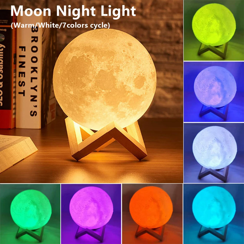 Lâmpada Lunar LED a pilhas, Luz Noturna Criativa, Impressão 3D, Interruptor de Toque, Decoração para Quarto Infantil, Presente de Aniversário, 6cm,