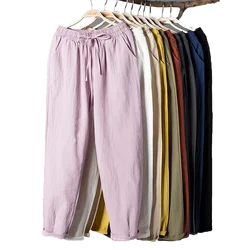 2023 Womens Spring Summer Pants Cotton Linen Solid Elastic waist Candy Colors Harem Trousers Casual Female Pants