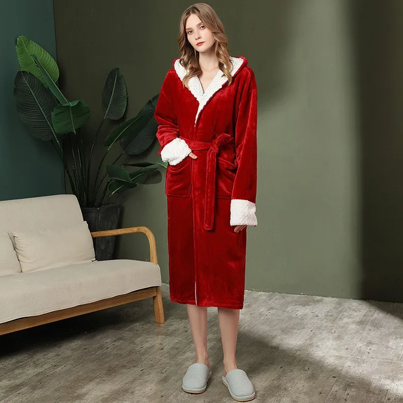 

2022 New Nightgown Hooded Women Bathrobe Flannel Kimono Gown Soft Sleepwear Intimate Lingerie Loose Home Clothes Christmas Robe