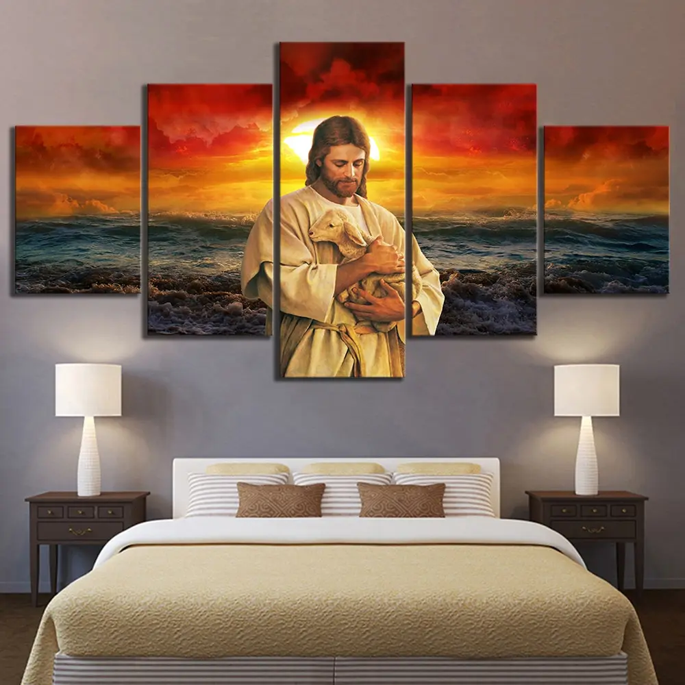 

Canvas Painting 5 Pieces Christ Avatar Wall Art Jesus And The Little Lamb Modular Picture Christian Home Decor For Living Room